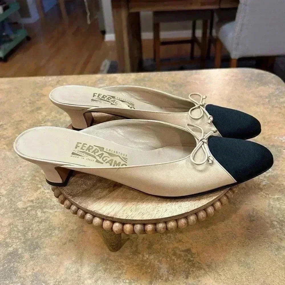 Luxury Ferragamo Two Tone Mule Kitten Heels